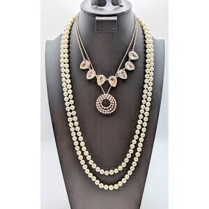 Lot of Three Faux Pearl Rhinestone Silver Tone Necklaces To Layer or Wear Alone